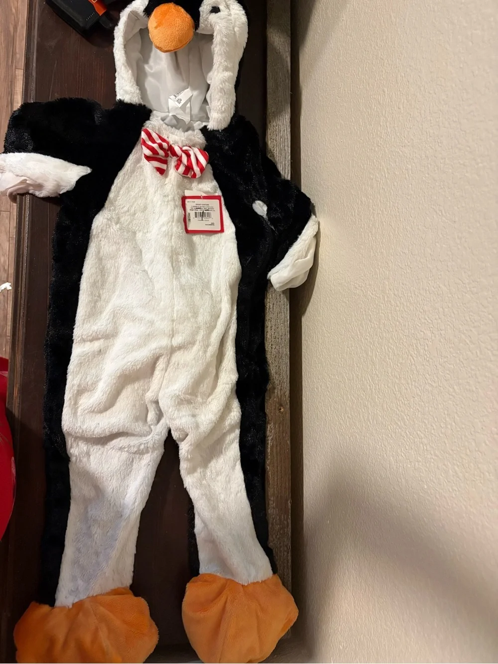 Kids Black & White Penguin Costume with Orange Feet and Red Bowtie